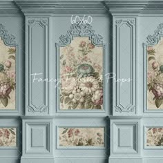 four panels with flowers and leaves on them, all painted in pastel blue tones