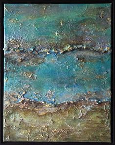 an abstract painting with blue, green and gold colors on the bottom half of it