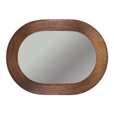 an oval mirror is shown against a white background and has a brown border around it