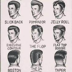 Men's Hair Styles, Greaser Hair, Rockabilly Mode, 50s Hairstyles, Hairstyle Names, 1950s Mens, Rockabilly Hair, Rockabilly Pin Up