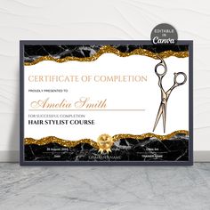 a black and white certificate with gold trimmings on the front, featuring scissors