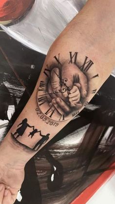 a person with a clock tattoo on their arm