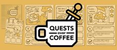 a coffee cup with the words quests over coffee written on it and cartoon characters behind it