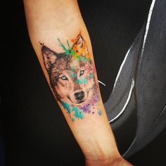 a colorful wolf tattoo on the left arm