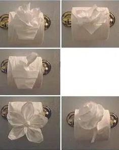 four pictures show how to wrap toilet paper in the shape of a flower and bow