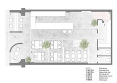 the floor plan for an office building, with several tables and chairs on each side