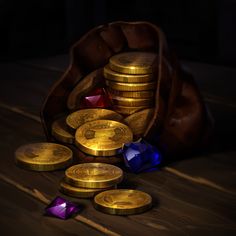 a bag full of gold coins next to some purple and red diamonds on a table