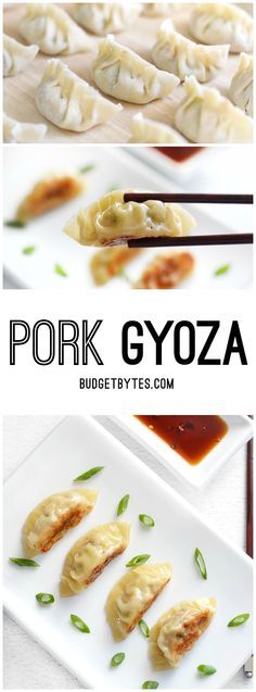 pork gyoza on a white plate with chopsticks