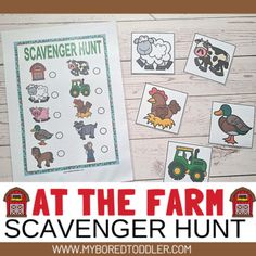 a farm themed scavenger hunt is shown with pictures of animals and farm animals