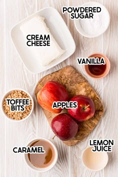 the ingredients to make an apple cake on a cutting board