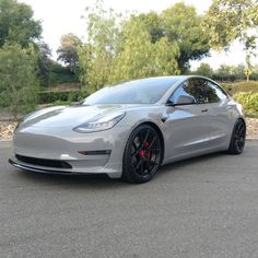 a silver tesla model 3 parked in a parking lot next to some bushes and trees