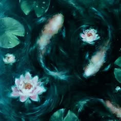 an oil painting of water lilies and leaves