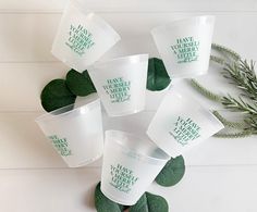 six plastic cups with green labels on them sitting next to leaves and greenery stems