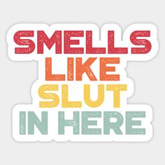 "Smells Like Slut In Here": A funny, rude quote and saying graphic, ideal as a birthday or Christmas gift idea for men and women. With offensive adult humor and sarcastic undertones, this design humorously pokes fun at provocative environments, adding a bold and irreverent touch to personal expression. Exclusive to TeePublic, not available on Amazon, Etsy, Redbubble, etc. -- Choose from our vast selection of stickers to match with your favorite design to make the perfect customized sticker/decal. Perfect to put on water bottles, laptops, hard hats, and car windows. Everything from favorite TV show stickers to funny stickers. For men, women, boys, and girls. Rude Quotes, Funny Flirty Quotes, Funny Rude, Cool Typography, Retro Sunset, Christmas Gift Idea, Sarcastic Humor