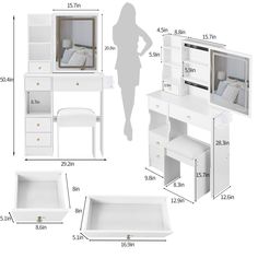 the measurements of a white vanity and dressing table