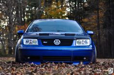 a blue car is parked in the leaves