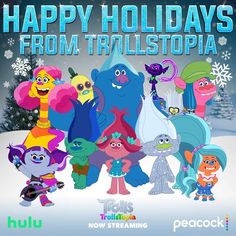 happy holidays from trillstopia with all the characters in front of a christmas tree