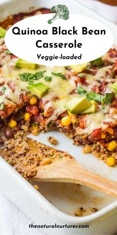 the quinoa black bean casserole is loaded with veggies and cheese