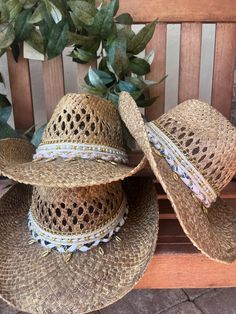 Blue Coastal cowgirl beach hat! So cute for the beach or even events. This hat style come with the 5 layer decoration and shell charms. PERFECT FOR BRIDAL SHOWERS, CONCERTS, BEACH ETC. Rustic Summer Festival Hat Bands, Bohemian Beaded Straw Hat For Rodeo, Rustic Sun Hat For Rodeo In Summer, White Summer Festival Hat Band, White Summer Festival Hat Bands, Rustic Brown Sun Hat For Beach, Rustic Handmade Beach Hat, Festival Beaded Sun Hat, White Straw Hat For Western-themed Summer Events