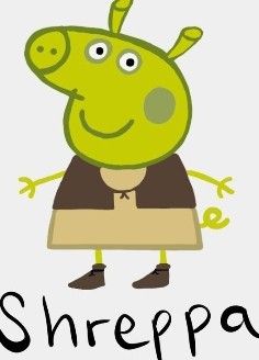 a green cartoon character with the words shrepa on it