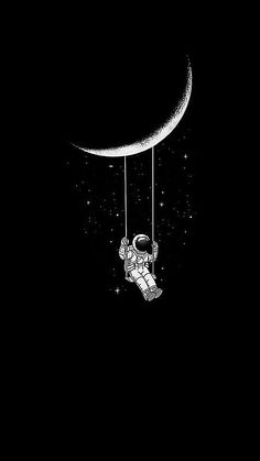 an astronaut floating in the sky next to a crescent moon and holding onto a string