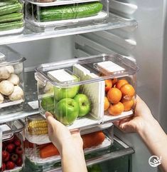 two hands reaching into an open refrigerator door with food in containers on the bottom shelf