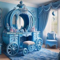 a bedroom with blue walls and furniture in the room, including a horse - drawn carriage