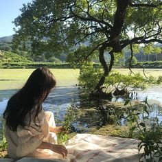 a woman sitting on top of a blanket next to a tree near a body of water