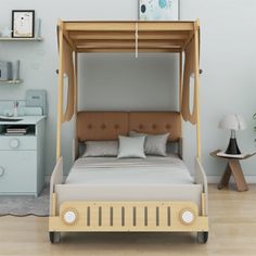 a bed with a canopy made out of wood