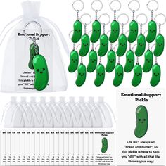 an assortment of keychains with different types of pickles attached to each other