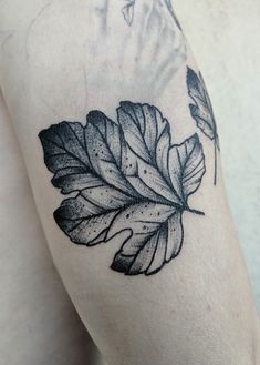 a black and white leaf tattoo on the arm