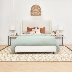 an image of a bedroom setting with the text autumn coastal on it's side