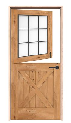 an open wooden door with windows on the side