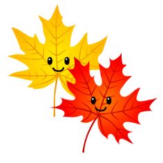 two maple leaves with faces drawn on them, one is yellow and the other is red