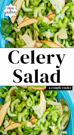 celery salad in a blue bowl with the words celery salad above it