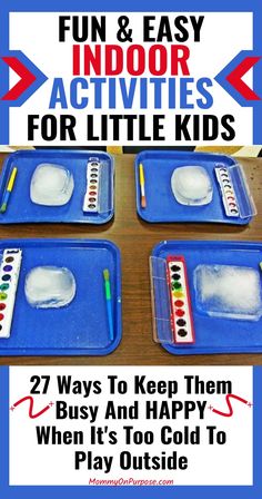 four blue trays filled with water and ice cubes on top of a wooden table