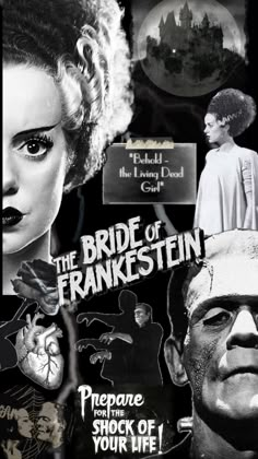 the bride of frankenstein collaged in black and white, with images of actors