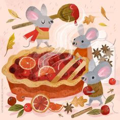 two mouses are eating orange slices in front of a pie with the mice on it