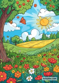 a painting of flowers and trees on a sunny day with butterflies flying over the field