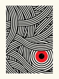 an abstract black and white pattern with red eye