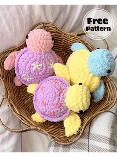 three crocheted stuffed animals in a basket on a bed with the text free pattern