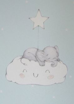 a drawing of two elephants sleeping on top of a cloud with a star hanging from the ceiling