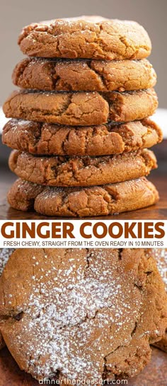 ginger cookies stacked on top of each other with powdered sugar in the middle and bottom