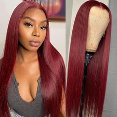 UNice Colored Wigs 99J Human Hair Wigs 150% Density Pre-Plucked With Baby Hair Straight Hair 99j Wig, Brazilian Wigs, Real Hair Wigs, Brazilian Remy Hair, Red Wigs, Wigs Hair, Wigs Human Hair, Colored Wigs, Straight Lace Front Wigs