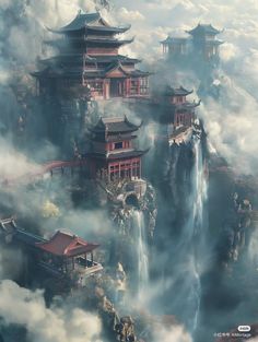 an aerial view of a waterfall and some buildings in the sky with clouds surrounding it