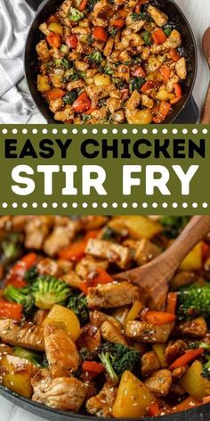 chicken stir fry in a skillet with broccoli and carrots