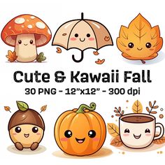 cute kawaii fall clipart set with coffee, pumpkins and mushrooms for commercial use