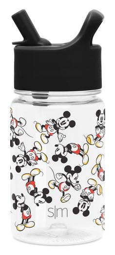 the mickey mouse water bottle is shown with black lid and plastic straw in front of it