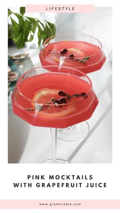 three pink cocktails with grapefruit juice on the side and text overlay that reads, pink cocktails with grapefruit juice