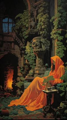 a painting of a woman in an orange dress sitting on a chair next to a fire place